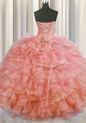 Ideal Watermelon Red Lace Up Sweetheart Beading and Ruffles Vestidos de Quinceanera Organza Sleeveless