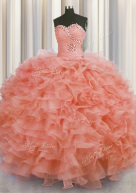 Ideal Watermelon Red Lace Up Sweetheart Beading and Ruffles Vestidos de Quinceanera Organza Sleeveless