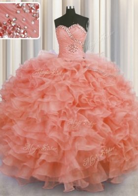Ideal Watermelon Red Lace Up Sweetheart Beading and Ruffles Vestidos de Quinceanera Organza Sleeveless