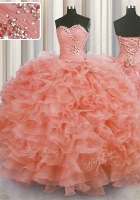 Ideal Watermelon Red Lace Up Sweetheart Beading and Ruffles Vestidos de Quinceanera Organza Sleeveless
