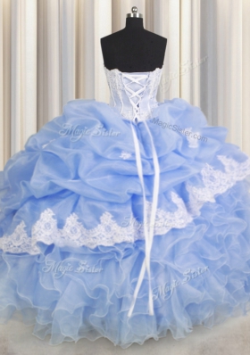 Light Blue Lace Up Sweetheart Beading and Appliques and Ruffled Layers Vestidos de Quinceanera Organza Sleeveless