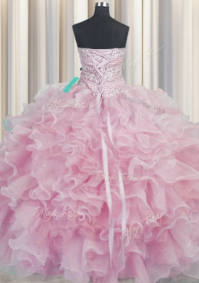 Most Popular Bling-bling Pink Organza Lace Up Sweetheart Sleeveless Floor Length Quince Ball Gowns Beading and Ruffles