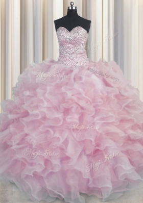 Most Popular Bling-bling Pink Organza Lace Up Sweetheart Sleeveless Floor Length Quince Ball Gowns Beading and Ruffles