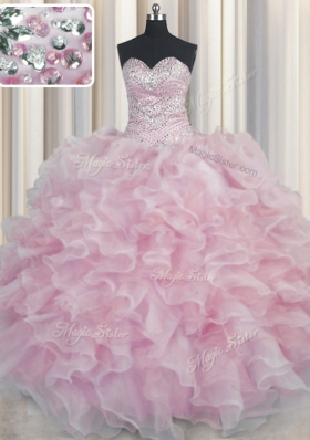 Most Popular Bling-bling Pink Organza Lace Up Sweetheart Sleeveless Floor Length Quince Ball Gowns Beading and Ruffles