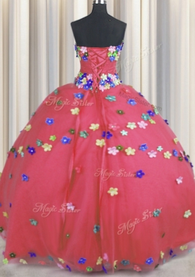 Most Popular Coral Red Strapless Neckline Hand Made Flower Quinceanera Dress Sleeveless Lace Up