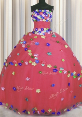 Most Popular Coral Red Strapless Neckline Hand Made Flower Quinceanera Dress Sleeveless Lace Up