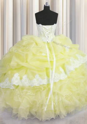 Nice Light Yellow Quince Ball Gowns Military Ball and Sweet 16 and Quinceanera and For with Beading and Appliques and Ruffles and Pick Ups Sweetheart Sleeveless Lace Up