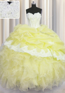 Nice Light Yellow Quince Ball Gowns Military Ball and Sweet 16 and Quinceanera and For with Beading and Appliques and Ruffles and Pick Ups Sweetheart Sleeveless Lace Up
