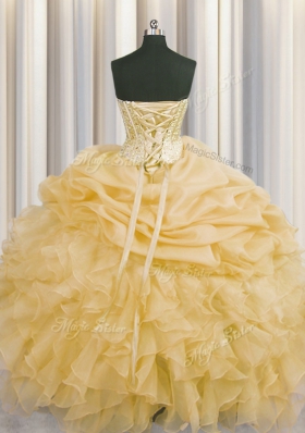 On Sale Pick Ups Visible Boning Ball Gowns Quinceanera Gowns Gold Sweetheart Organza Sleeveless Floor Length Lace Up