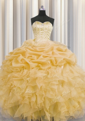 On Sale Pick Ups Visible Boning Ball Gowns Quinceanera Gowns Gold Sweetheart Organza Sleeveless Floor Length Lace Up