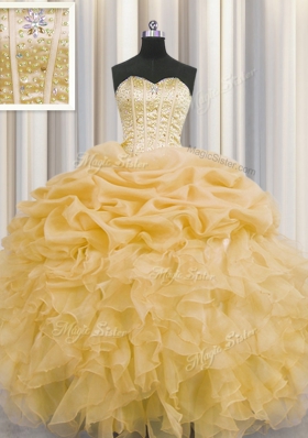 On Sale Pick Ups Visible Boning Ball Gowns Quinceanera Gowns Gold Sweetheart Organza Sleeveless Floor Length Lace Up