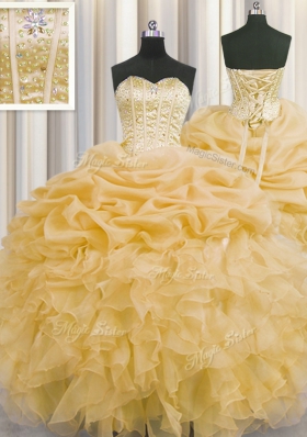 On Sale Pick Ups Visible Boning Ball Gowns Quinceanera Gowns Gold Sweetheart Organza Sleeveless Floor Length Lace Up