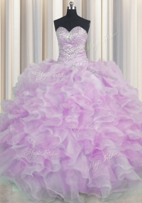 On Sale Sweetheart Sleeveless Organza Quinceanera Gowns Beading and Ruffles Lace Up