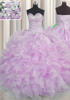 On Sale Sweetheart Sleeveless Organza Quinceanera Gowns Beading and Ruffles Lace Up