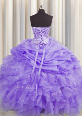 Pick Ups Visible Boning Ball Gowns Sweet 16 Dresses Lavender Sweetheart Organza Sleeveless Floor Length Lace Up
