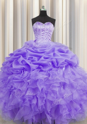Pick Ups Visible Boning Ball Gowns Sweet 16 Dresses Lavender Sweetheart Organza Sleeveless Floor Length Lace Up