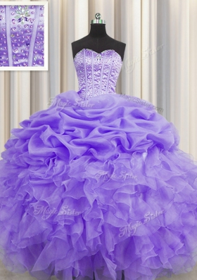 Pick Ups Visible Boning Ball Gowns Sweet 16 Dresses Lavender Sweetheart Organza Sleeveless Floor Length Lace Up