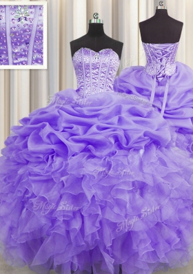 Pick Ups Visible Boning Ball Gowns Sweet 16 Dresses Lavender Sweetheart Organza Sleeveless Floor Length Lace Up