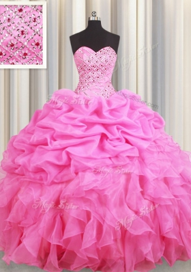 Popular Rose Pink Quinceanera Gown Military Ball and Sweet 16 and Quinceanera and For with Beading and Ruffles and Pick Ups Sweetheart Sleeveless Lace Up