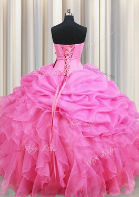 Popular Rose Pink Quinceanera Gown Military Ball and Sweet 16 and Quinceanera and For with Beading and Ruffles and Pick Ups Sweetheart Sleeveless Lace Up