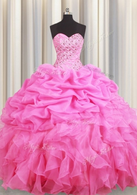 Popular Rose Pink Quinceanera Gown Military Ball and Sweet 16 and Quinceanera and For with Beading and Ruffles and Pick Ups Sweetheart Sleeveless Lace Up