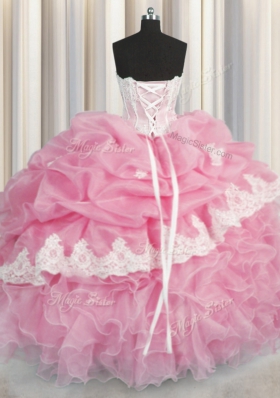 Rose Pink Ball Gown Prom Dress Military Ball and Sweet 16 and Quinceanera and For with Beading and Appliques and Ruffles and Pick Ups Sweetheart Sleeveless Lace Up