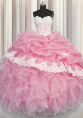 Rose Pink Ball Gown Prom Dress Military Ball and Sweet 16 and Quinceanera and For with Beading and Appliques and Ruffles and Pick Ups Sweetheart Sleeveless Lace Up