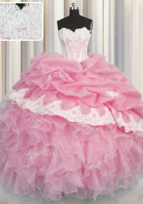 Rose Pink Ball Gown Prom Dress Military Ball and Sweet 16 and Quinceanera and For with Beading and Appliques and Ruffles and Pick Ups Sweetheart Sleeveless Lace Up