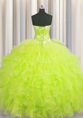 Sexy Handcrafted Flower Yellow Green Ball Gowns Sweetheart Sleeveless Organza Floor Length Lace Up Beading and Ruffles and Hand Made Flower Ball Gown Prom Dress