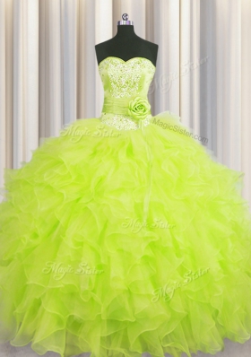 Sexy Handcrafted Flower Yellow Green Ball Gowns Sweetheart Sleeveless Organza Floor Length Lace Up Beading and Ruffles and Hand Made Flower Ball Gown Prom Dress