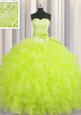 Sexy Handcrafted Flower Yellow Green Ball Gowns Sweetheart Sleeveless Organza Floor Length Lace Up Beading and Ruffles and Hand Made Flower Ball Gown Prom Dress