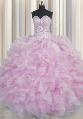 Sophisticated Bling-bling Lilac Organza Lace Up Sweetheart Sleeveless Floor Length Quinceanera Dresses Beading and Ruffles