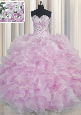 Sophisticated Bling-bling Lilac Organza Lace Up Sweetheart Sleeveless Floor Length Quinceanera Dresses Beading and Ruffles