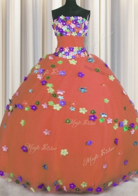 Strapless Sleeveless Tulle Sweet 16 Dress Hand Made Flower Lace Up