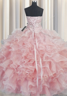 Superior Bling-bling Pink Sleeveless Floor Length Beading and Ruffles Lace Up Quinceanera Dress