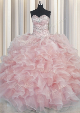 Superior Bling-bling Pink Sleeveless Floor Length Beading and Ruffles Lace Up Quinceanera Dress