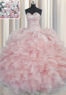 Superior Bling-bling Pink Sleeveless Floor Length Beading and Ruffles Lace Up Quinceanera Dress