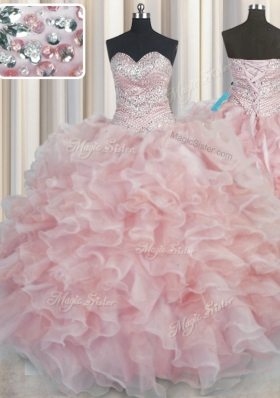 Superior Bling-bling Pink Sleeveless Floor Length Beading and Ruffles Lace Up Quinceanera Dress