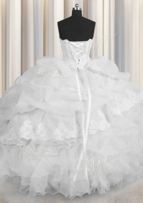 Superior White Lace Up Sweetheart Beading and Appliques and Ruffles and Pick Ups 15 Quinceanera Dress Organza Sleeveless