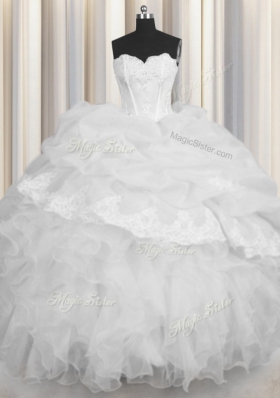 Superior White Lace Up Sweetheart Beading and Appliques and Ruffles and Pick Ups 15 Quinceanera Dress Organza Sleeveless