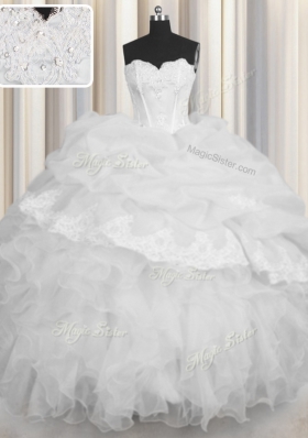 Superior White Lace Up Sweetheart Beading and Appliques and Ruffles and Pick Ups 15 Quinceanera Dress Organza Sleeveless