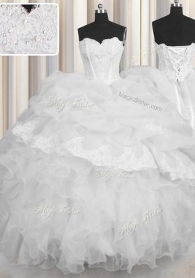 Superior White Lace Up Sweetheart Beading and Appliques and Ruffles and Pick Ups 15 Quinceanera Dress Organza Sleeveless