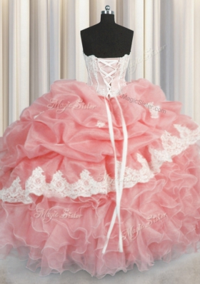 Sweetheart Sleeveless Organza Quinceanera Dresses Appliques and Ruffles and Pick Ups Lace Up