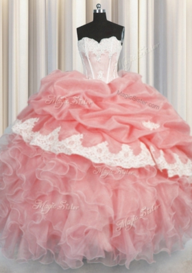Sweetheart Sleeveless Organza Quinceanera Dresses Appliques and Ruffles and Pick Ups Lace Up