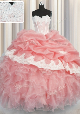 Sweetheart Sleeveless Organza Quinceanera Dresses Appliques and Ruffles and Pick Ups Lace Up