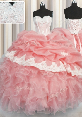 Sweetheart Sleeveless Organza Quinceanera Dresses Appliques and Ruffles and Pick Ups Lace Up