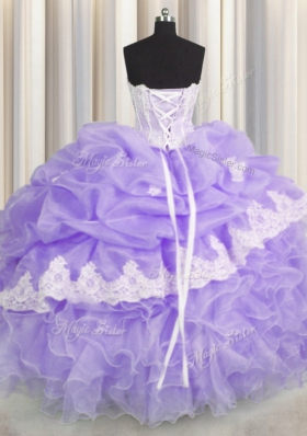 Sweetheart Sleeveless Organza Sweet 16 Quinceanera Dress Beading and Appliques and Ruffles and Pick Ups Lace Up