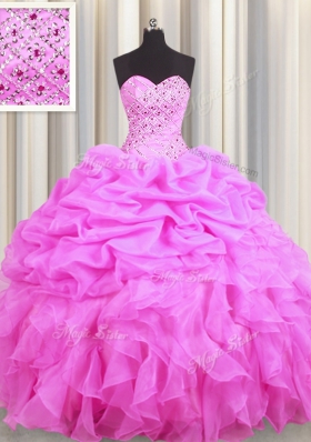 Top Selling Rose Pink Sweetheart Neckline Beading and Ruffles and Pick Ups Sweet 16 Dresses Sleeveless Lace Up