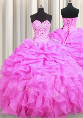 Top Selling Rose Pink Sweetheart Neckline Beading and Ruffles and Pick Ups Sweet 16 Dresses Sleeveless Lace Up