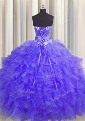 Traditional Handcrafted Flower Lavender Sleeveless Organza Lace Up Sweet 16 Dress for Military Ball and Sweet 16 and Quinceanera